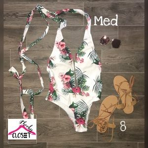 Deep V Neck Criss Cross Tropical Swimsuit 1pc